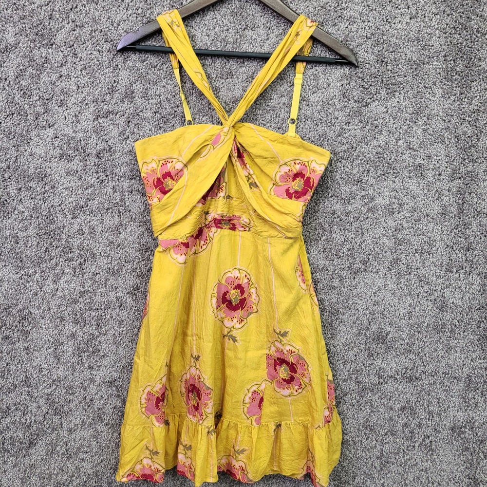 Free People Mini Dress Womens 8 Yellow Excellent Silk Blend Floral Boho Halter